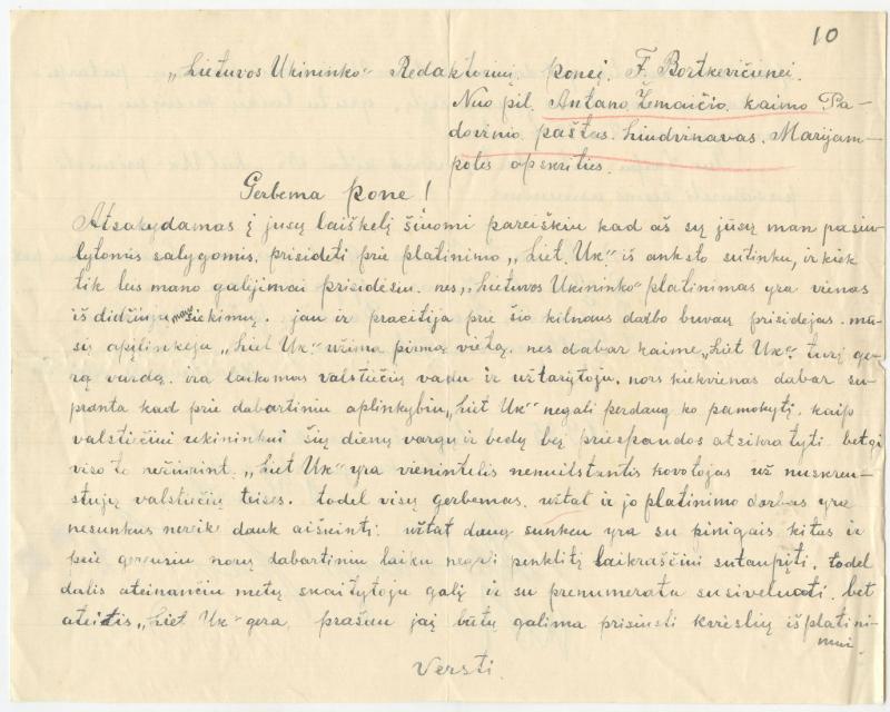 Felicijai Bortkevičienei rašytas  A. Žemaičio laiškas