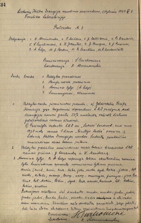 Lietuvių kalbos draugijos visuotinio susirinkimo nutarimas dėl norminių įvardžių lyčių (protokolo fragmentas, 1937-05-03)