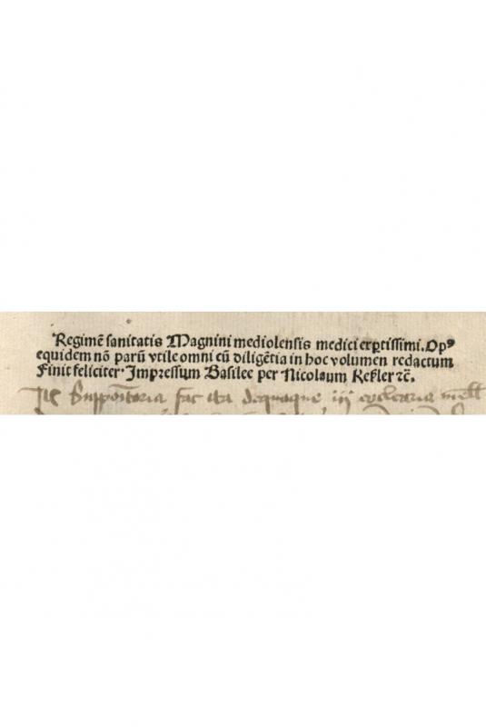 Magninus Mediolanensis. Regimen sanitatis. Basel: Nicolaus Kesler, [non ante 1493 11 08].