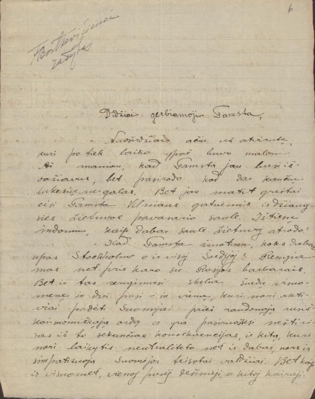 Felicijai Bortkevičienei rašytas Igno Šeiniaus laiškas