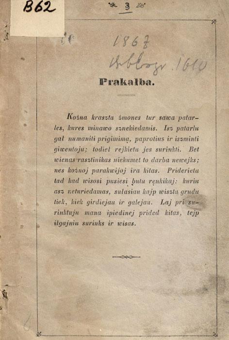 Patarles zemajcziu. Tilžė: Albregso sp., [1867].