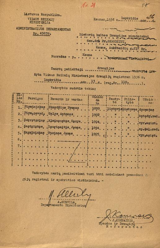 Vidaus reikalų ministerijos pranešimas dėl Lietuvių kalbos draugijos vadovybės įregistravimo (nuorašas, 1936-11-26)