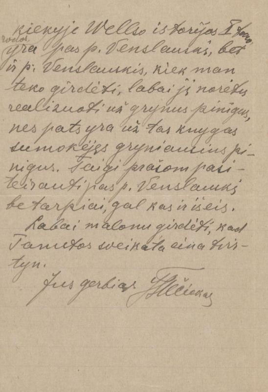Felicijai Bortkevičienei rašytas Jono Trečioko  laiškas