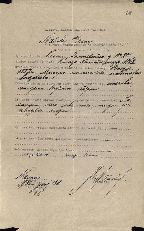 Prano Mašioto asmens žinių lapas