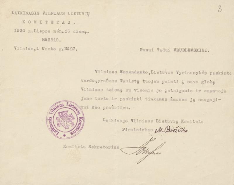 Mykolo Biržiškos, Laikinojo Vilniaus lietuvių komiteto pirmininko, raštas Tadui Stanislovui Vrublevskiui.