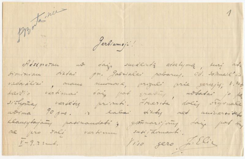 Felicijai Bortkevičienei rašytas  Jurgio Elisono laiškas