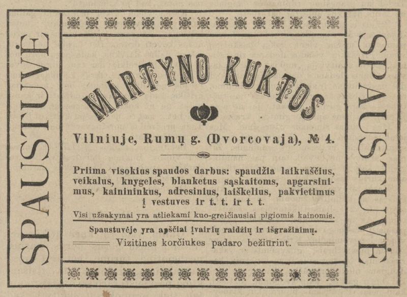 Martyno Kuktos spaustuvės reklaminis skelbimas