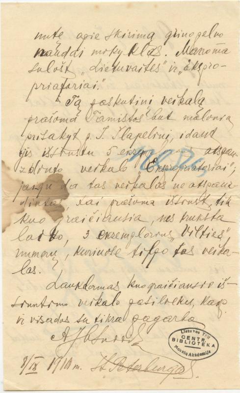 Felicijai Bortkevičienei rašytas Antano Jasūdžio laiškas