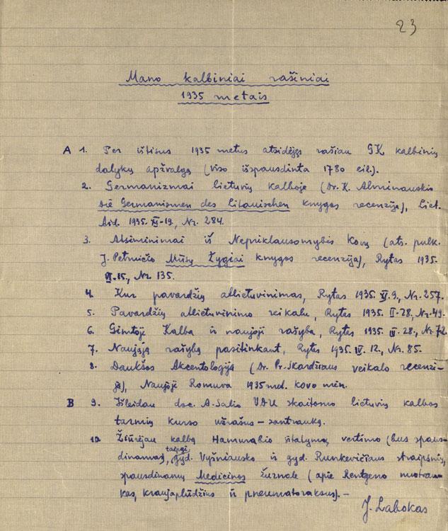 Juozo Laboko asmens žinių lapas ir publikacijų kalbos tema sąrašas