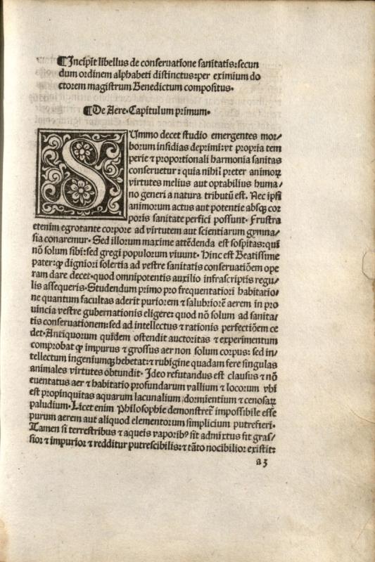 Benedictus de Nursia. De conservatione sanitatis. Rome: Stephan Plannck, 1493 05 04.