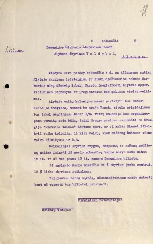 Raštas dėl Draugijos užsienio lietuviams remti Alytaus skyriaus steigimo