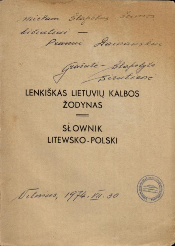 J. Šlapelio žodynas su Gražutės Šlapelytės autografu