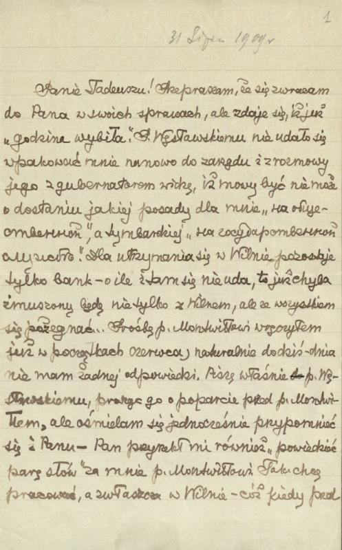 Mykolo Biržiškos laiškas Tadui Stanislovui Vrublevskiui.