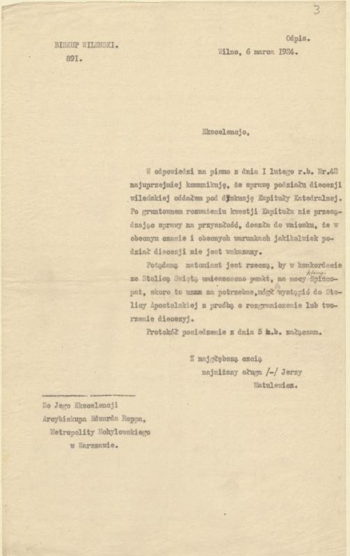 Mogiliovo metropolito Eduardo Roppo ir Vilniaus vyskupo Jurgio Matulevičiaus susirašinėjimas 1924 m.