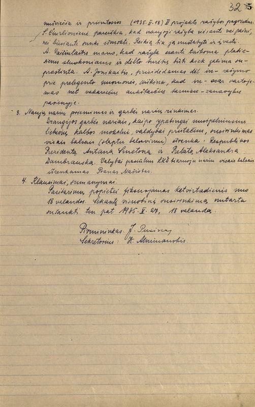 Lietuvių kalbos draugijos garbės nariai (protokolo fragmentas, 1935-05-13)