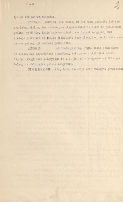 Pirmojo Pasaulio lietuvių kongreso posėdžio protokolas