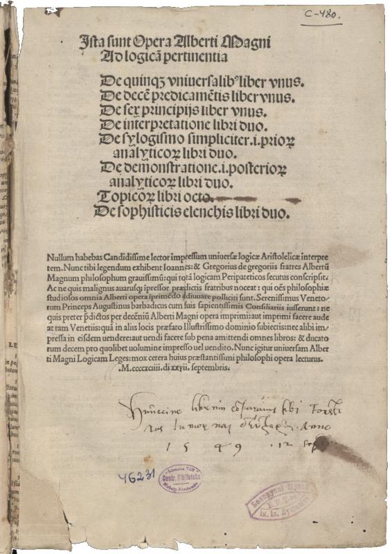 Albertus Magnus. Logica (Liber I–VIII). Venezia: Johannes et Gregorius de Gregoriis, 1494 06 15–09 27.