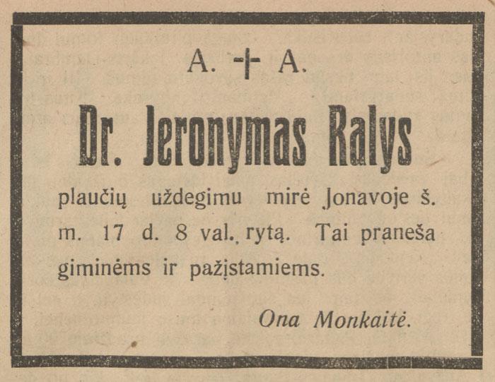 Pranešimas apie J. Ralio mirtį