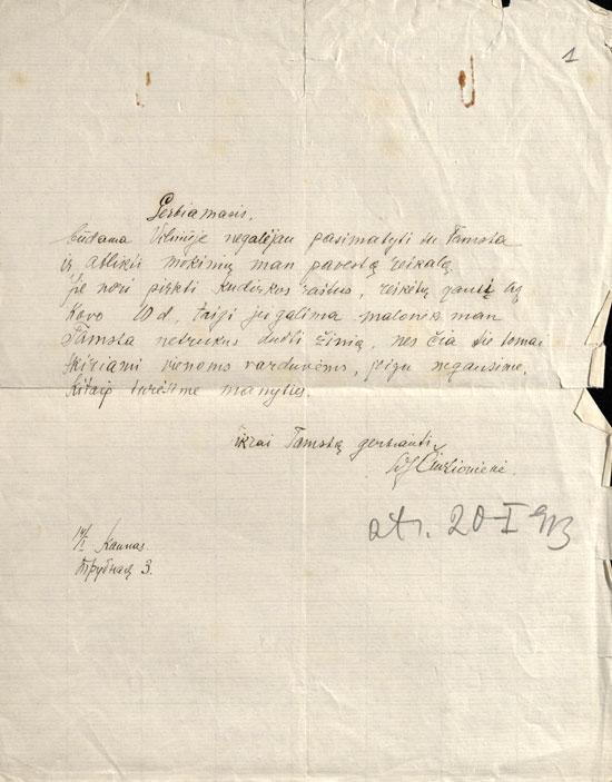 Sofijos Čiurlionienės laiškas Jurgiui Šlapeliui dėl V. Kudirkos raštų pirkimo