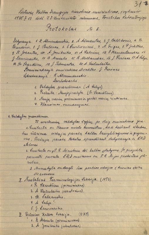 Lietuvių kalbos draugijos sekcijų sąrašas (visuotinio susirinkimo protokolo fragmentas, 1935-05-13)