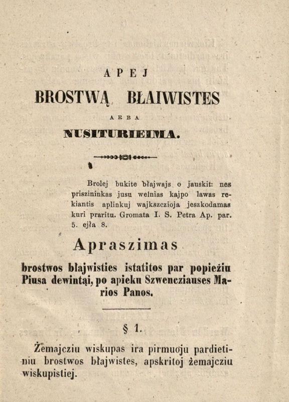 Apej brostwą błaiwistes arba nusiturieima. Wilniuj: kausztu ir spaustuwieje Jozapa Zawadzkia, 1858.