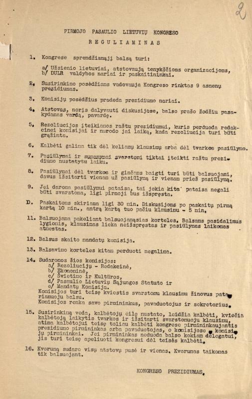 Pirmojo Pasaulio lietuvių kongreso reguliaminas
