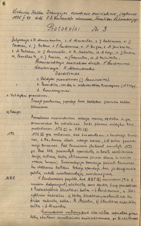 Antano Salio pranešimas vardyno klausimais Lietuvių kalbos draugijos visuotiniame susirinkime (protokolo fragmentas, 1935-05-27)