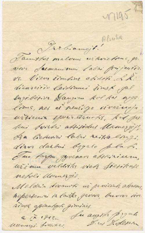 Felicijai Bortkevičienei rašytas Danieliaus Alseikos atsakymas