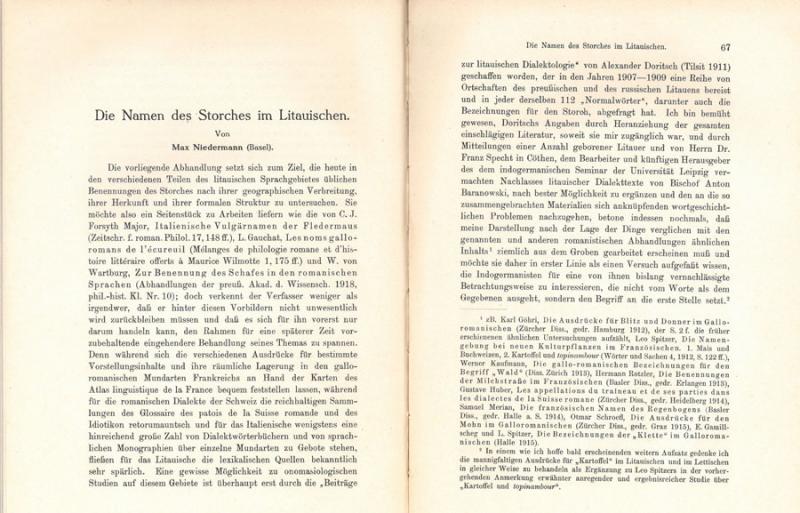Niedermann, Max. Die Namen des Storches im Litauischen. In: Festgabe Adolf  Kaegi von Schülern und Freunden dargebracht zum 30. September 1919. Frauenfeld, 1919, p. 66–92.