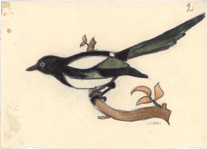 Dailininkės tapytojos, akvarelistės Onos Soltanaitės-Riomerienės (Anna Sołtanówna Römerowa, kitur – Anna Römer, 1895–1974) paukštelių piešinėliai: zylutė, šarka, sniegena, kregždė, kėkštas, liepsnelė (?), volungė. XX a. 3 deš. 9,5x12 cm.