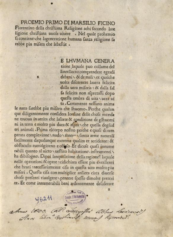 Ficino, Marsilio. Della cristiana religione. Pisa: Lorenzo and Angelo di Firenze, 1484 06 02.