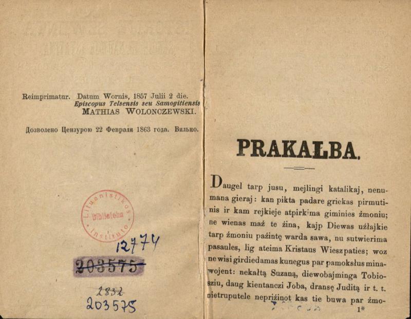 Istorije szwenta Senoje ir Naujoje Istatima: nu sutwierima pasaules lig smerties Kristaus Wieszpaties. Wilniuj, 1860.
