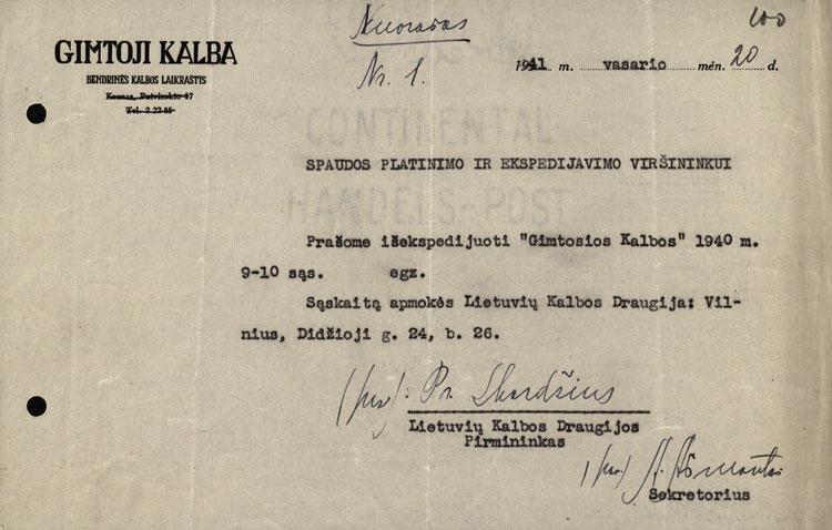 Lietuvių kalbos draugijos raštas Spaudos platinimo ir ekspedijavimo viršininkui dėl „Gimtosios kalbos“ platinimo (nuorašas, 1941-02-20)