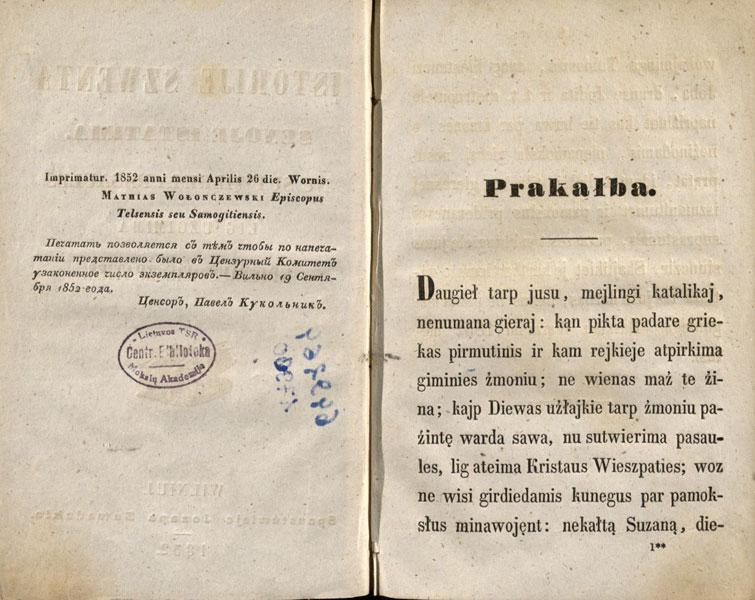 Istorije szwęta Senoje Istatima: nu sutwierima pasaules lig użgimima Kristaus Wieszpaties. Wilniuj: spaustuwieje Jozapa Zawadzkia, 1852.