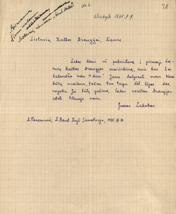 Juozo Laboko laiškas dėl kvietimo į pirmąjį LKD susirinkimą (1935-03-31)