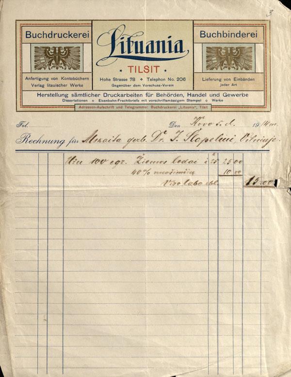 Tilžės spaustuvės „Lituania“ sąskaita J. Šlapeliui