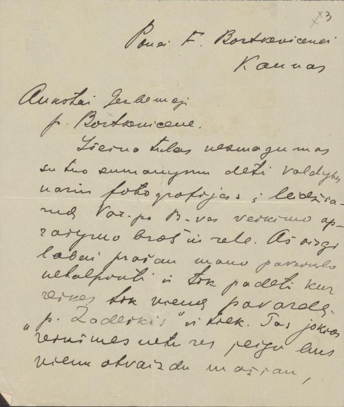 Felicijai Bortkevičienei rašytas Povilo Žadeikio laiškas