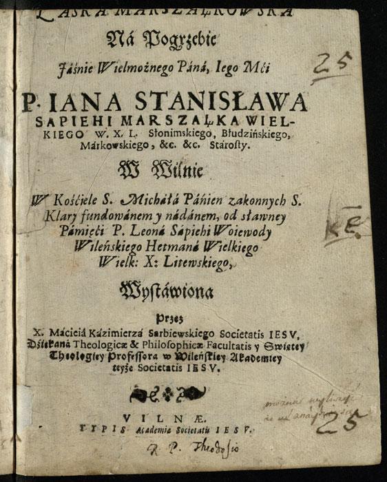Pamokslas laidojant Joną Stanislovą Sapiegą