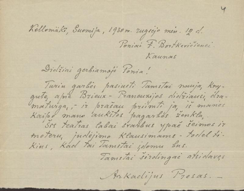 Felicijai Bortkevičienei rašyti  Arkadijaus Preso laiškai