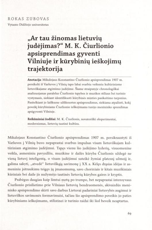 Roko Zubovo straipsnis apie M. K. Čiurlionio kūrybą Vilniuje