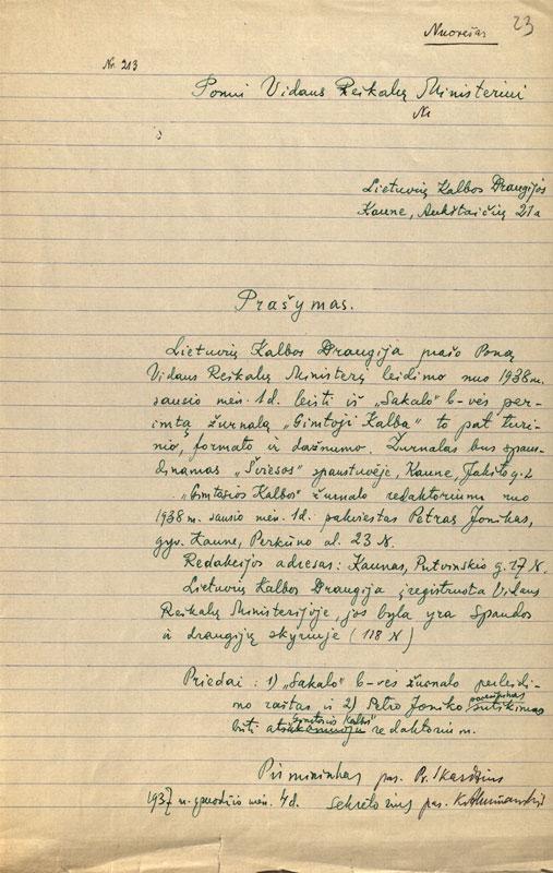 Prašymas vidaus reikalų ministrui leisti Lietuvių kalbos draugijai perimti „Gimtosios kalbos“ leidybą (nuorašas, 1937-12-04)