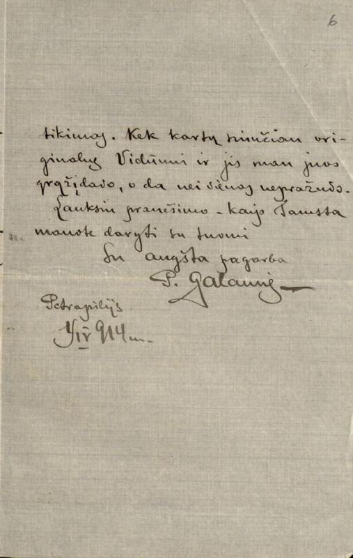 Pauliaus Galaunės laiškas Jurgiui Šlapeliui