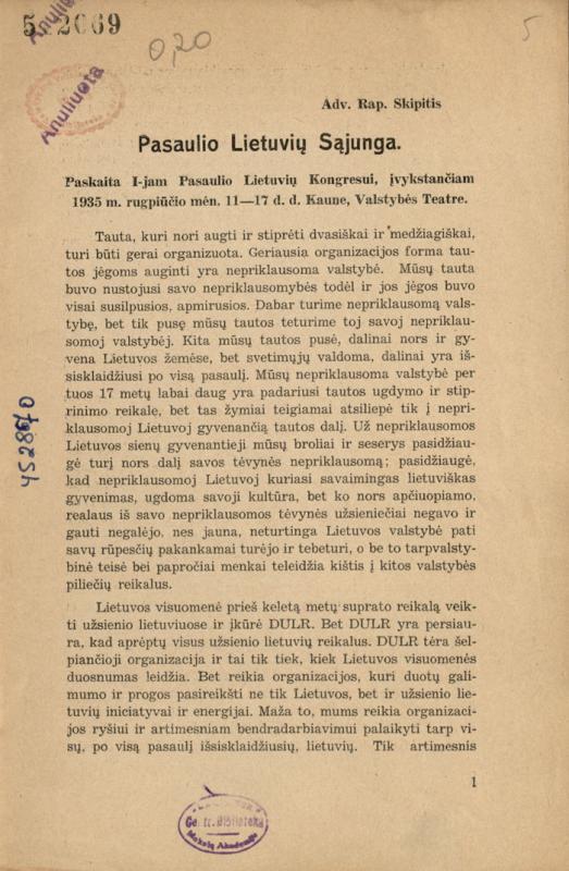 Rapolo Skipičio paskaita pirmajam Pasaulio lietuvių kongresui