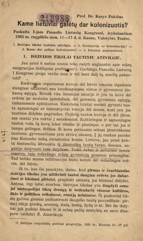 Kazio Pakšto paskaita pirmajam Pasaulio lietuvių kongresui