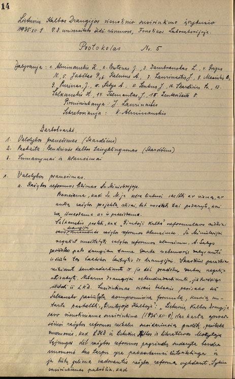 Rašybos klausimai Lietuvių kalbos draugijos visuotiniame susirinkime (protokolo fragmentas, 1935-12-09)