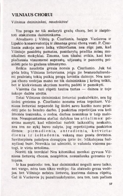 S. Kymantaitė-Čiurlionienė apie M. K. Čiurlionio vadovavimą Vilnius chorui