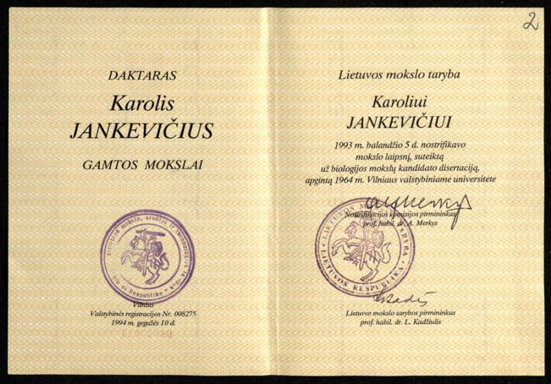 Nostrifikuotas daktaro diplomas. 1994