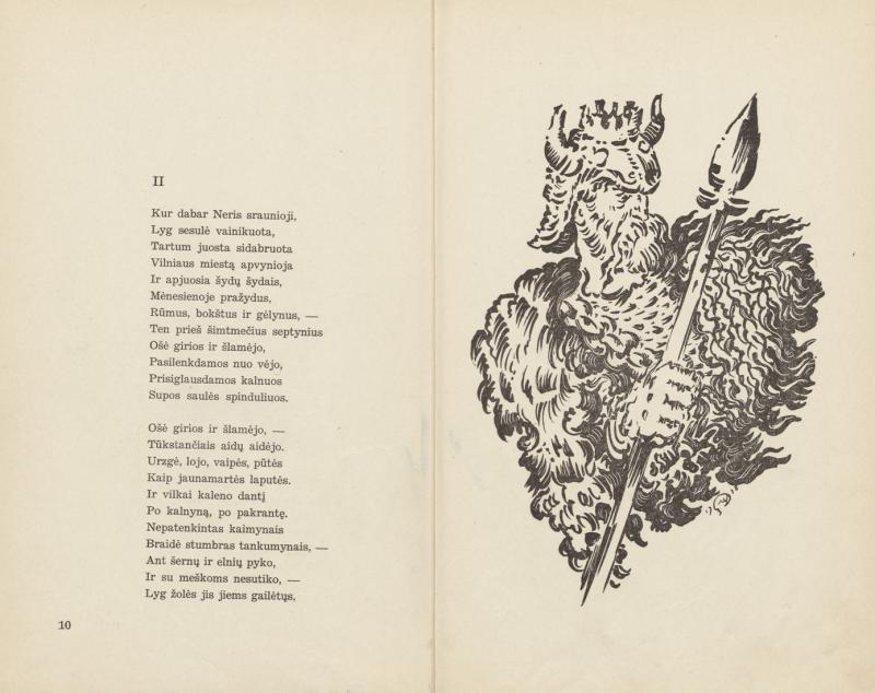 Sruoga, Balys. Giesmė apie Gediminą: gražiajam jaunimėliui. Mstislavo Dobužinskio viršelis ir iliustracijos. Kaunas: Sakalas, 1938. 63 p.: iliustr. LMAVB 64946