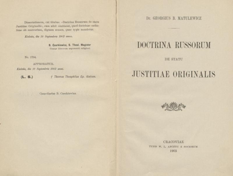 Matulaitis, Jurgis. Doctrina Russorum de statu justitiae originalis