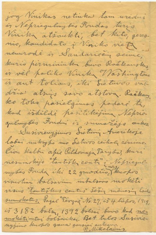 Felicijai Bortkevičienei rašytas Petro Mikolainio laiškas